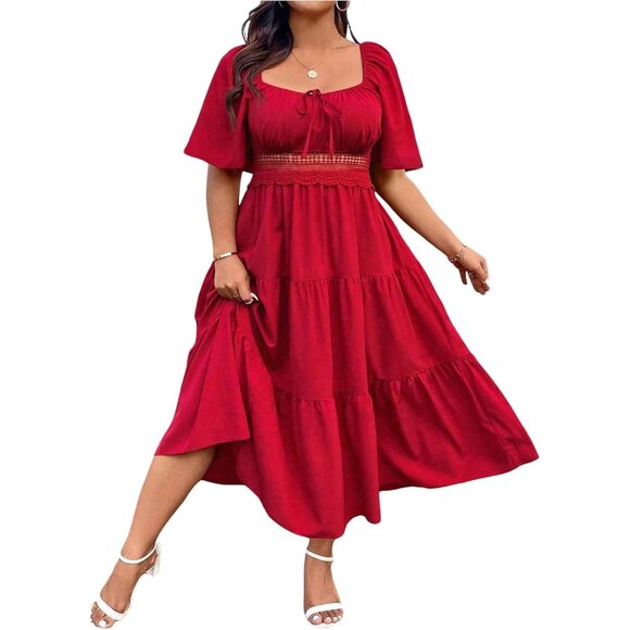 Plus Size Women's Boho Maxi Dress Ruffle Square Neck Sundress Casual